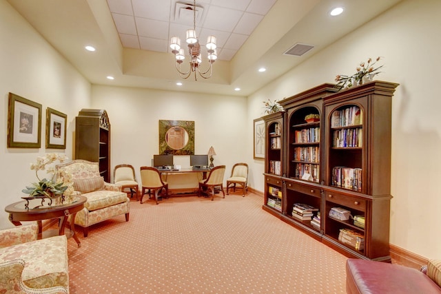 living area featuring visible vents, recessed lighting, a chandelier, carpet flooring, and baseboards