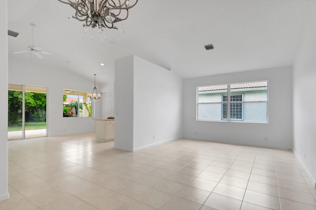 unfurnished room featuring ceiling fan with notable chandelier, high vaulted ceiling, visible vents, and light tile patterned floors