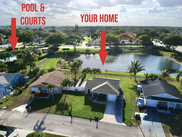 bird's eye view featuring a water view and a residential view