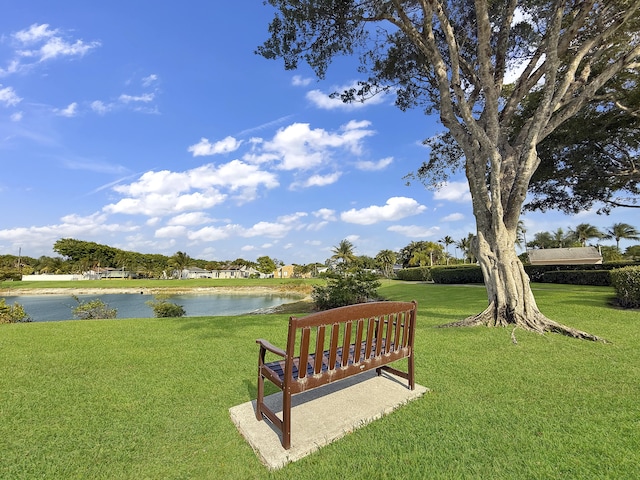 view of property's community with a lawn and a water view