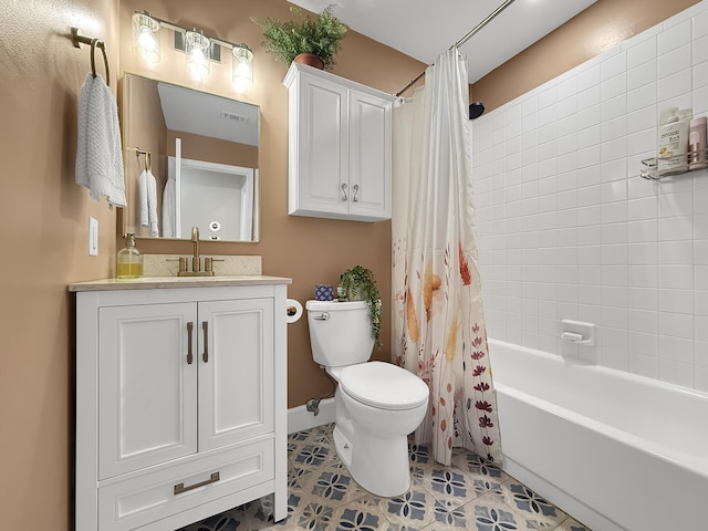 bathroom with visible vents, toilet, shower / tub combo with curtain, vanity, and tile patterned floors