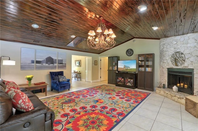 1090 31st Ave, Vero Beach, FL 32960 - tiled living area with a notable chandelier, lofted ceiling, wood ceiling, and a fireplace