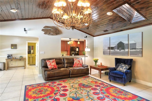 1090 31st Ave, Vero Beach, FL 32960 - living room with wooden ceiling, lofted ceiling with skylight, and light tile patterned floors