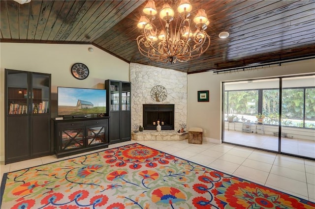 1090 31st Ave, Vero Beach, FL 32960 - living area with a fireplace, tile patterned floors, lofted ceiling, an inviting chandelier, and wood ceiling