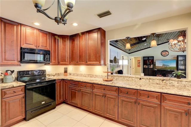 1090 31st Ave, Vero Beach, FL 32960 - kitchen with a notable chandelier, light stone countertops, lofted ceiling, visible vents, and black appliances