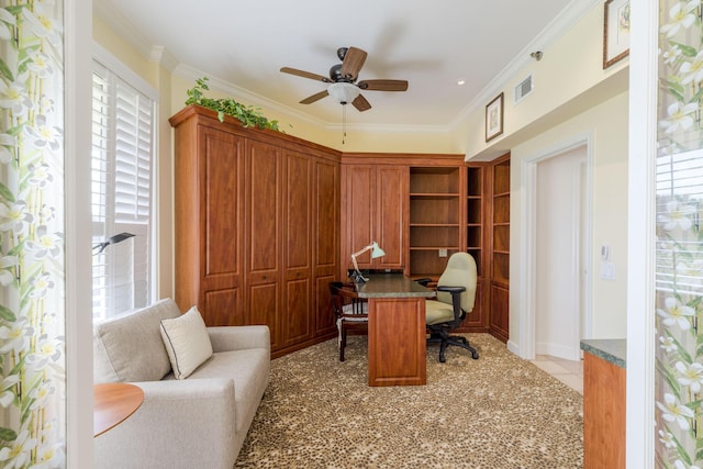 3322 Casseekey Island Rd Unit 104, Jupiter, FL 33477 - office area with a ceiling fan, light carpet, and ornamental molding