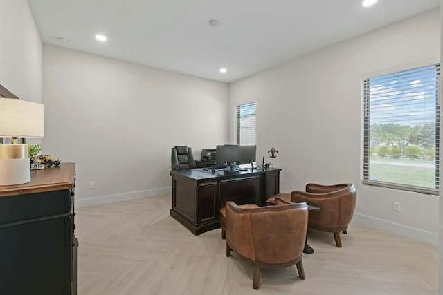 home office with recessed lighting and baseboards