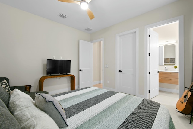 bedroom featuring connected bathroom, baseboards, a ceiling fan, and visible vents