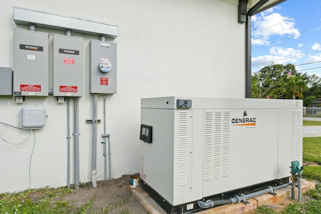 exterior details featuring a power unit, electric meter, and stucco siding