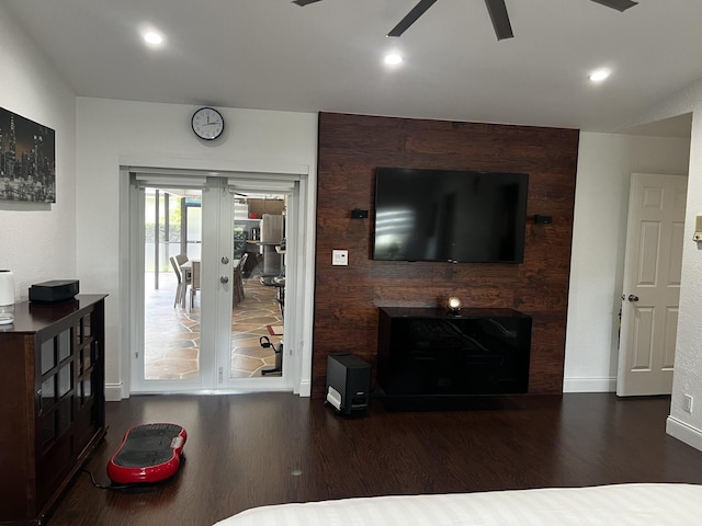 living area with ceiling fan, wood finished floors, baseboards, recessed lighting, and french doors