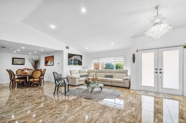 living area featuring vaulted ceiling, marble tiled flooring, french doors, recessed lighting, and a chandelier