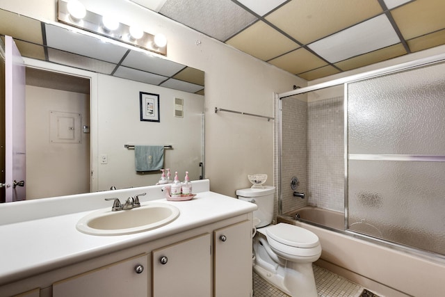 7612 Ashmont Cir Unit 203, Tamarac, FL 33321 - bathroom with vanity, toilet, enclosed tub / shower combo, tile patterned flooring, and a drop ceiling