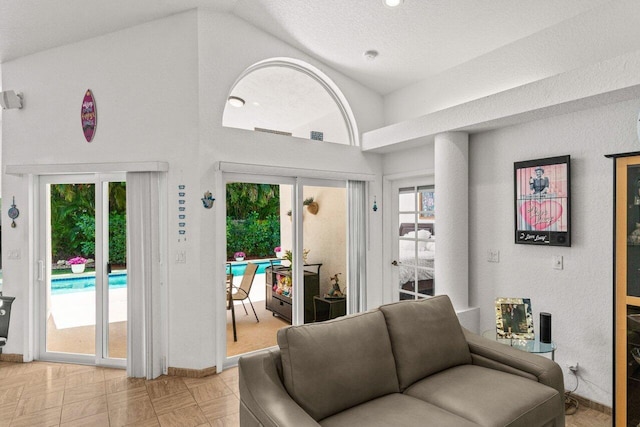 living room featuring baseboards and lofted ceiling