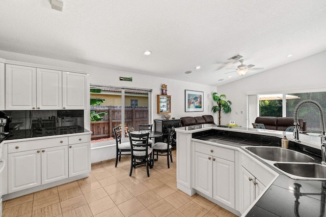 kitchen with visible vents, ceiling fan, a sink, and white cabinets