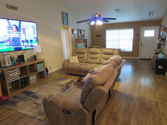 5372 Pine Cir, Coral Springs, FL 33067 - living room with wood finished floors, ceiling fan, and baseboards