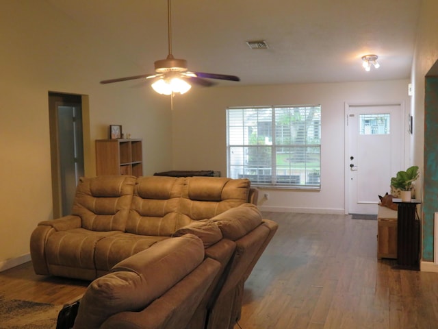 5372 Pine Cir, Coral Springs, FL 33067 - living room with ceiling fan, wood finished floors, and baseboards