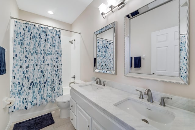 9339 World Cup Way, Port Saint Lucie, FL 34986 - full bathroom featuring toilet, shower / tub combo, tile patterned flooring, double vanity, and recessed lighting