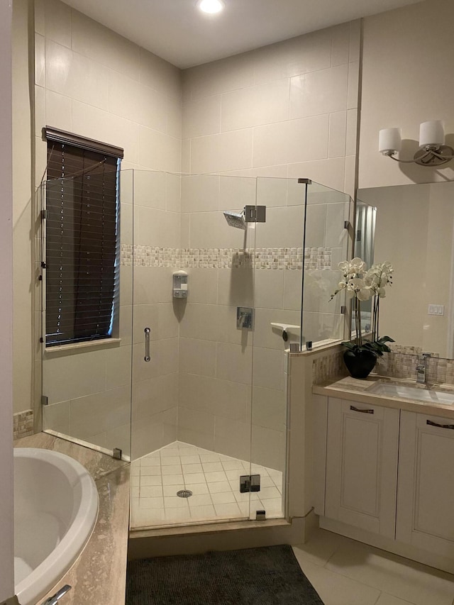 8481 NW 51st Ter, Doral, FL 33166 - bathroom with tile patterned floors, vanity, a stall shower, and a bath