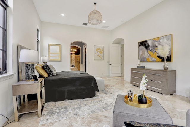 9387 Satinleaf Pl, Parkland, FL 33076 - bedroom with visible vents, baseboards, arched walkways, recessed lighting, and marble finish floor