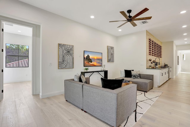 9387 Satinleaf Pl, Parkland, FL 33076 - living room featuring light wood finished floors, a ceiling fan, visible vents, and recessed lighting
