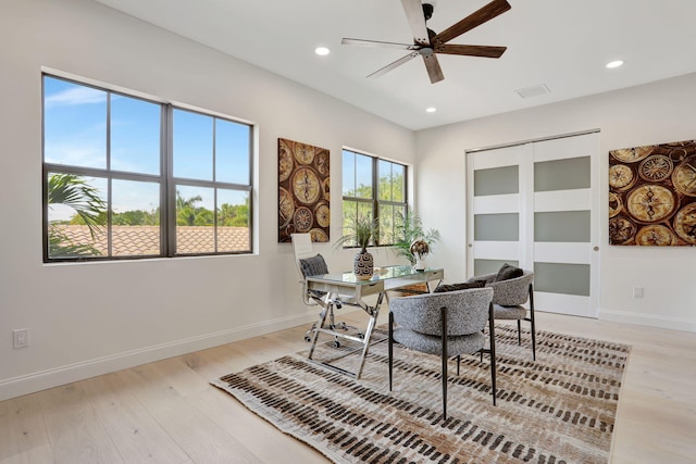 9387 Satinleaf Pl, Parkland, FL 33076 - dining space with visible vents, baseboards, recessed lighting, light wood finished floors, and a ceiling fan