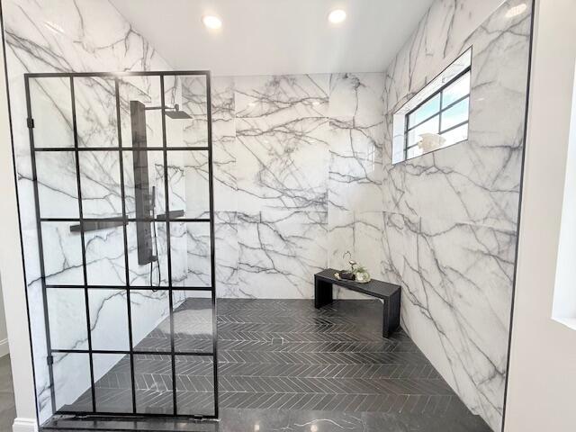 9387 Satinleaf Pl, Parkland, FL 33076 - bathroom featuring a walk in shower, recessed lighting, and marble finish floor