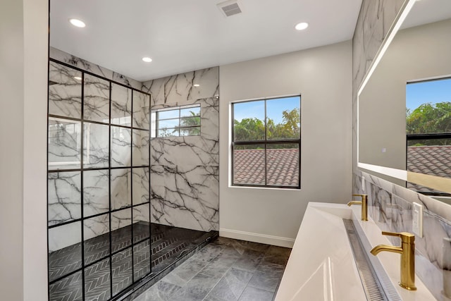 9387 Satinleaf Pl, Parkland, FL 33076 - full bathroom featuring a marble finish shower, recessed lighting, marble finish floor, and visible vents