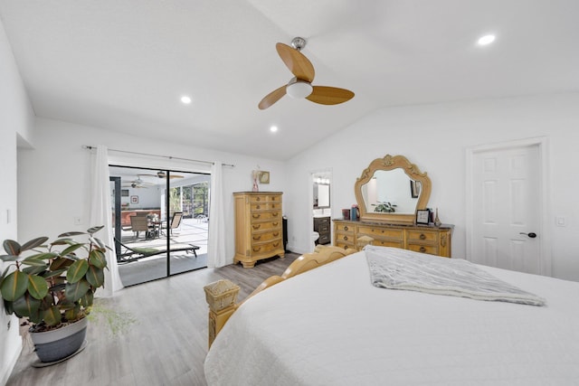 bedroom featuring access to exterior, light wood-type flooring, vaulted ceiling, recessed lighting, and a ceiling fan