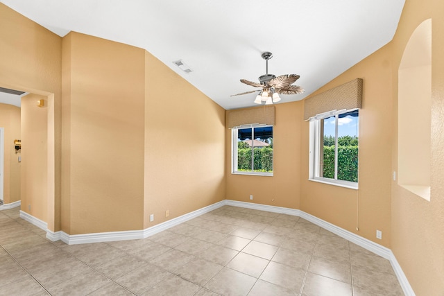 6346 San Michel Way, Delray Beach, FL 33484 - unfurnished room with arched walkways, vaulted ceiling, visible vents, ceiling fan, and light tile patterned floors