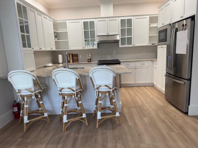 12624 Mallet Cir, Wellington, FL 33414 - kitchen featuring appliances with stainless steel finishes, open shelves, a peninsula, under cabinet range hood, and white cabinets