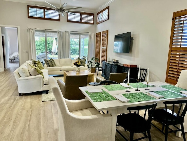 12624 Mallet Cir, Wellington, FL 33414 - living area featuring crown molding, light wood-style flooring, a towering ceiling, and a ceiling fan