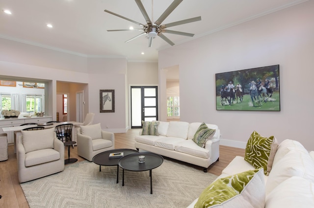 12624 Mallet Cir, Wellington, FL 33414 - living room with light wood finished floors, ornamental molding, ceiling fan, recessed lighting, and baseboards