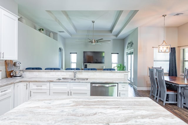 kitchen with stainless steel dishwasher, a wealth of natural light, dark wood-style floors, and a sink