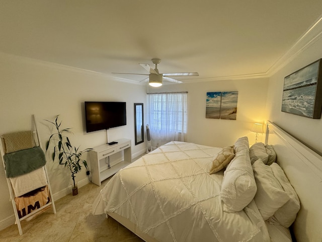 bedroom with baseboards, ceiling fan, and ornamental molding