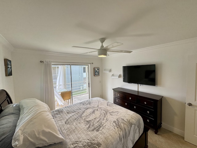 bedroom with baseboards, access to exterior, ornamental molding, and a ceiling fan