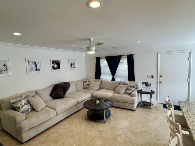 living room featuring light tile patterned floors, recessed lighting, ornamental molding, and ceiling fan