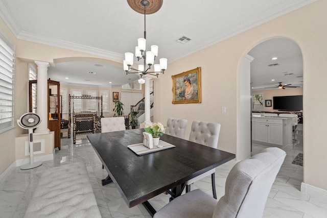 dining area with arched walkways, crown molding, and marble finish floor