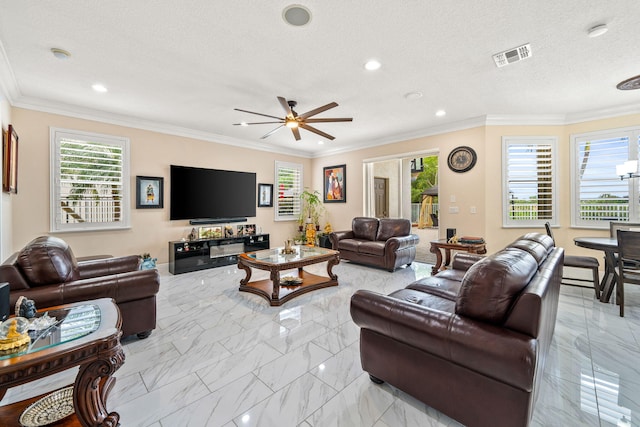 living room featuring recessed lighting, visible vents, marble finish floor, and a ceiling fan