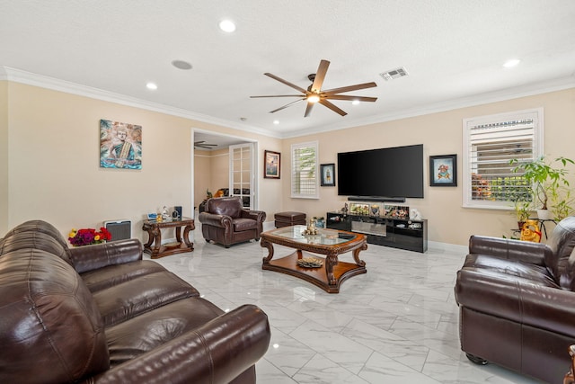 living area featuring marble finish floor, a ceiling fan, visible vents, and recessed lighting