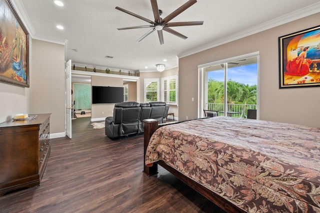 bedroom with baseboards, recessed lighting, wood finished floors, access to outside, and ornamental molding