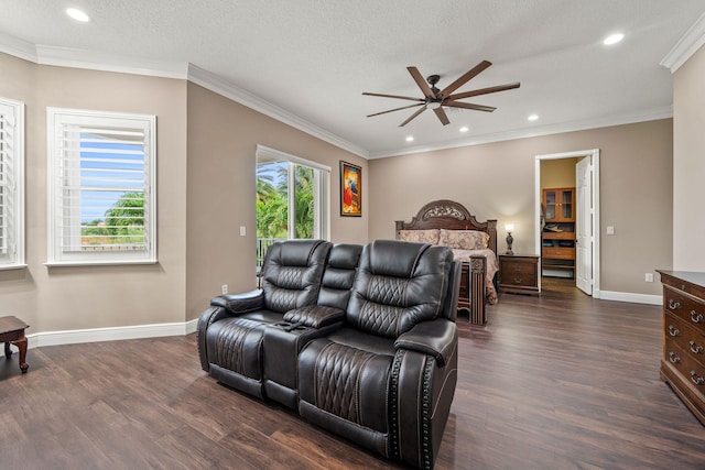 bedroom featuring baseboards, recessed lighting, dark wood-type flooring, and ornamental molding