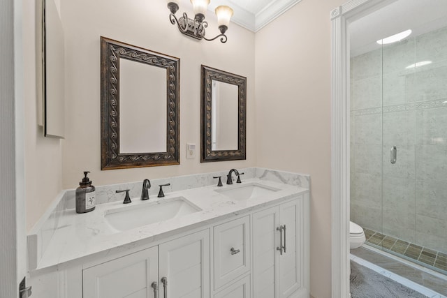 bathroom featuring double vanity, toilet, a stall shower, and a sink