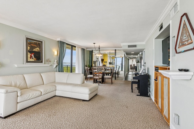 carpeted living area with crown molding