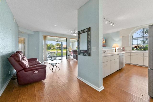 interior space featuring baseboards, light wood-style flooring, and plenty of natural light