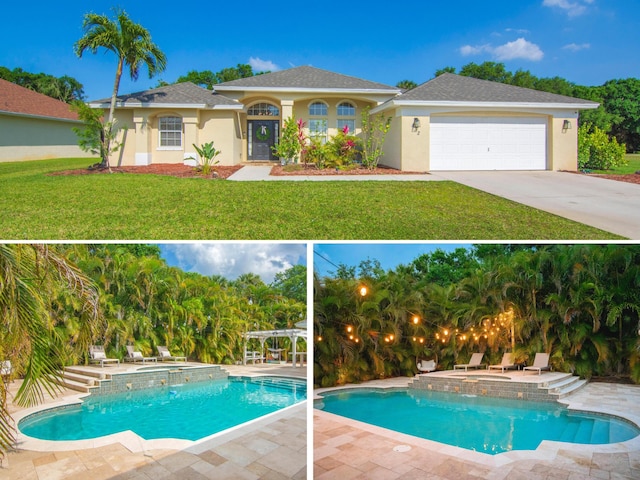 view of pool with a pool with connected hot tub and a lawn