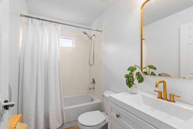 full bathroom with toilet, shower / bath combo, and vanity