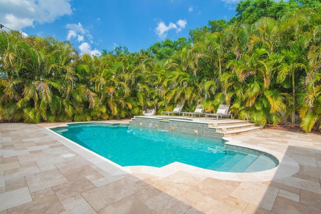 swimming pool with an in-ground hot tub and a patio area