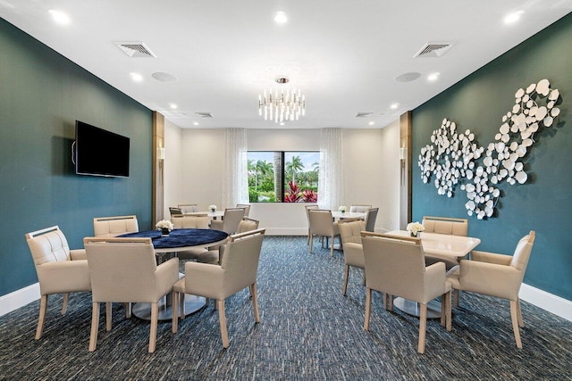 7113 Peters Ln, Delray Beach, FL 33446 - dining room with a notable chandelier, baseboards, dark colored carpet, and recessed lighting
