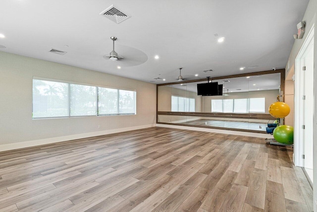 7113 Peters Ln, Delray Beach, FL 33446 - workout area with a ceiling fan, visible vents, recessed lighting, and light wood-type flooring