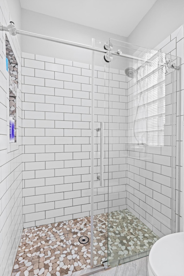 full bath featuring toilet and a shower stall